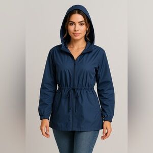 Hooded‎ Windbreaker Jacket Lightweight Zip-Up Drawstring Waist Water- Resistant